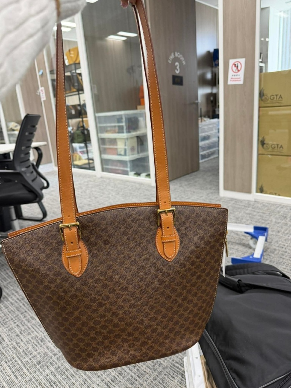 Brown Patterned Tote with Tan Leather Straps